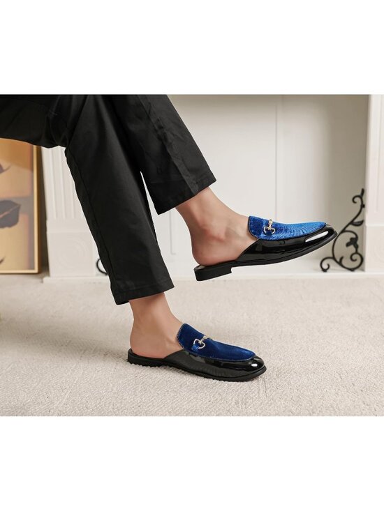 Men\'s Blue Rubber Velvet Patent Leather Gold Buckle Slip On Loafer Slippers main image 6